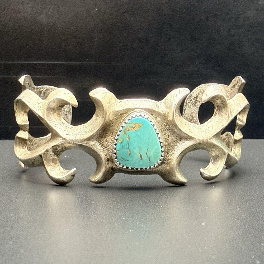 Native American Sand Cast Cuff Bracelet Silver Turquoise Unsigned Navajo Vintage